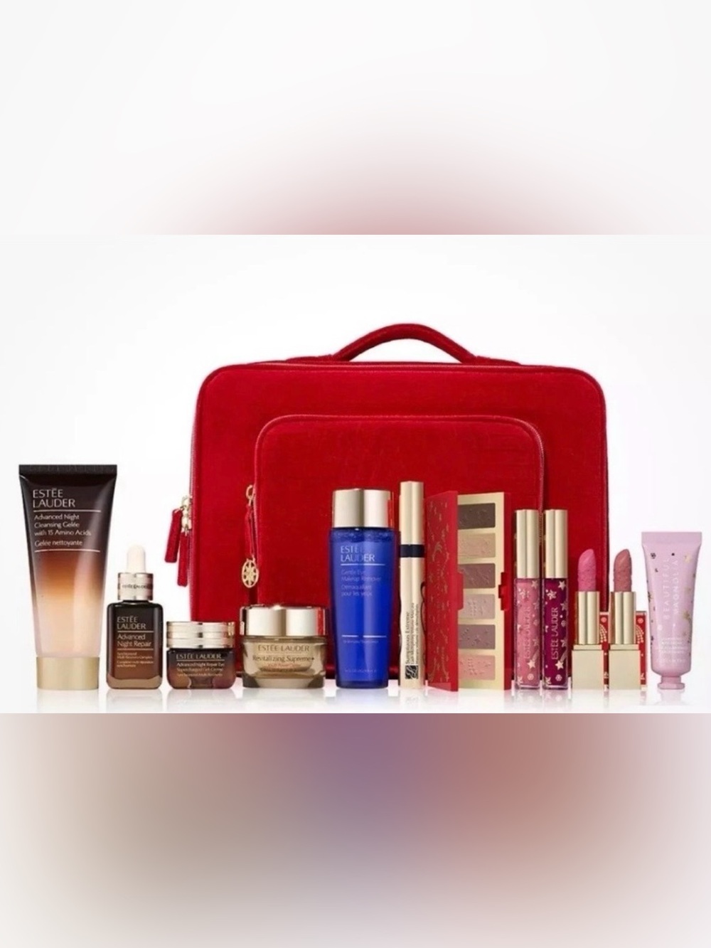 Estée Lauder Red Velvet Holiday Travel Train Case with Gold Accents | Square